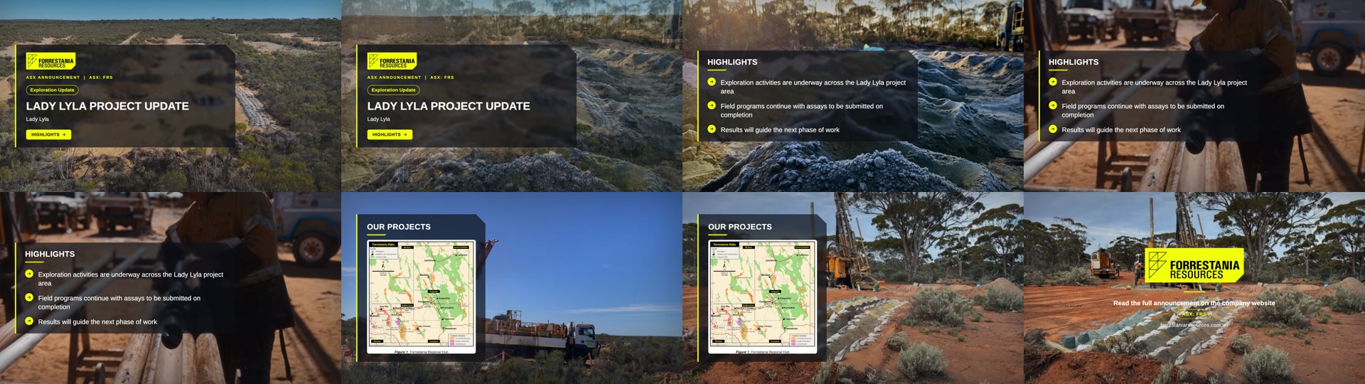 Selected frames showing field work, highlights, a project map, and the closing frame from the Lady Lyla project update video