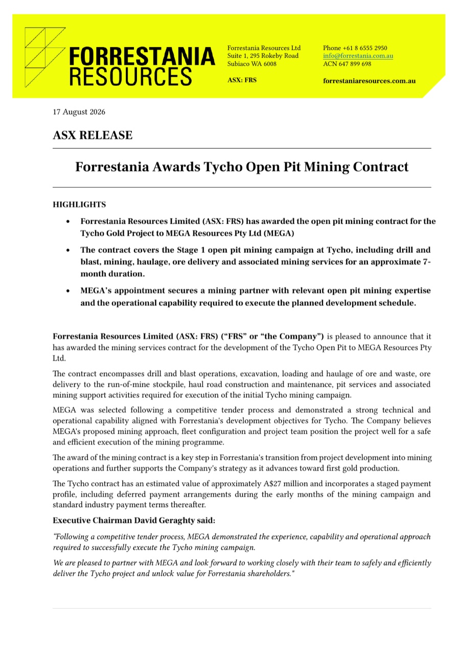 First page of Forrestania Resources' public ASX announcement about the Tycho open pit mining contract